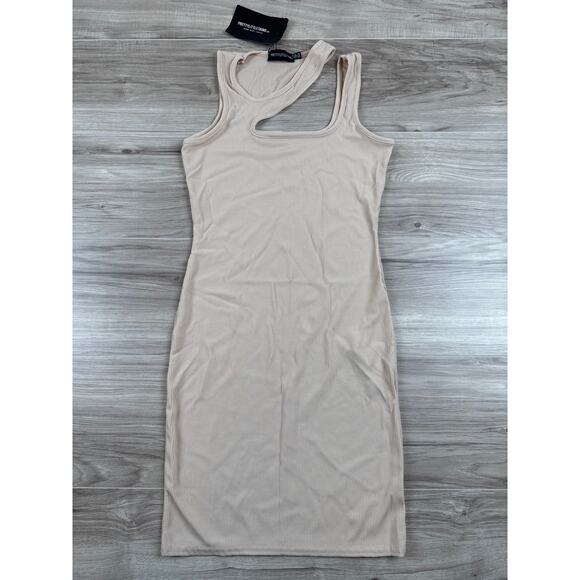 Pretty Little Thing Shape Stone Rib Cut Out Asymmetric Neck Bodycon Dress Size 6 - Picture 1 of 5